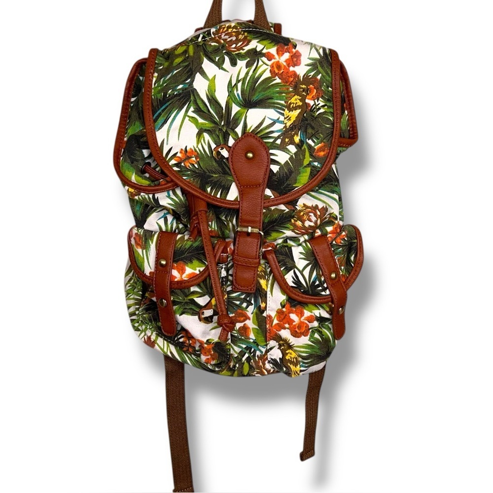 Tropical Backpack Colorful Green White Tan Brown Faux Leather Trim Travel School